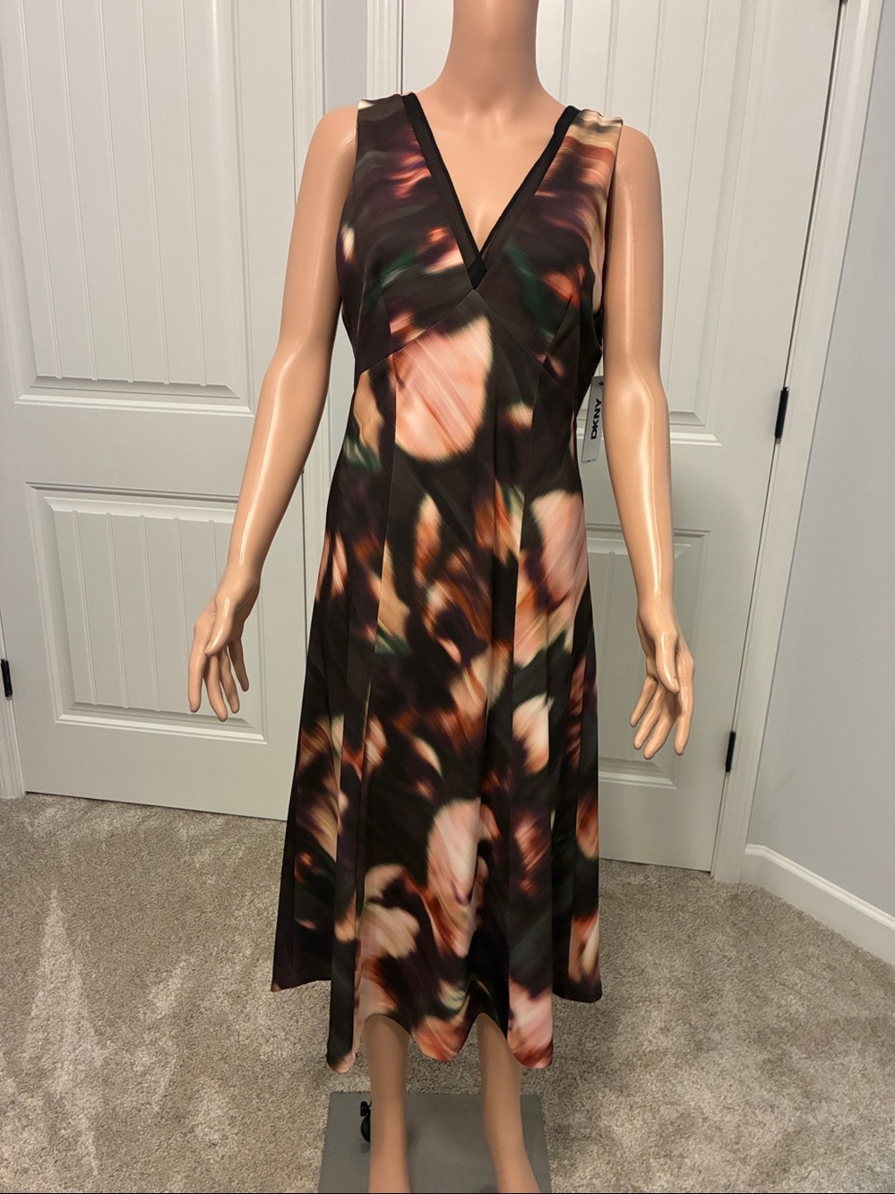 DKNY Black Floral-Print V-Neck Midi Dress with Blush and Green Accents